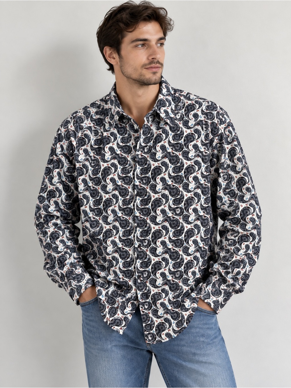 Paul Fredrick Black and White Paisley Long-Sleeve Button-Down Shirt